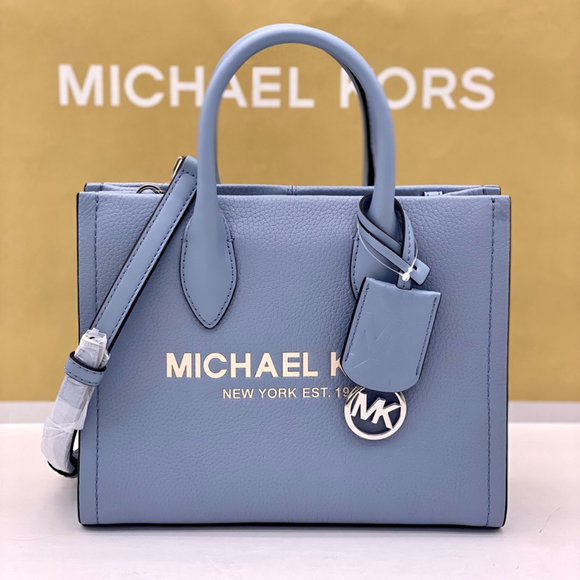 Michael Kors Mirella Small ShopperTop Zip Tote Crossbody Pale Blue Leather